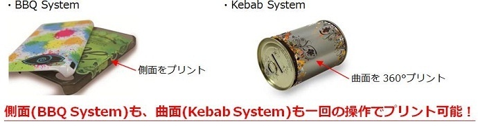 側面（BBQ System）も、曲面（Kebab System）も、一回の操作でプリント可能！