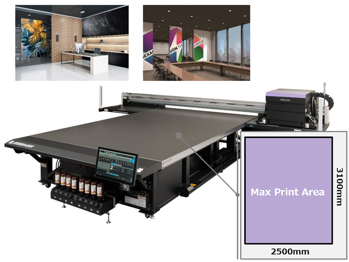 大判メディアへの印刷を可能にする2.5×3.1mのプリント領域　標準サイズ3,000mm長の建築用材のオーダープリントに対応