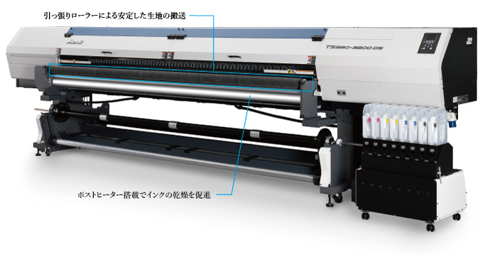 引っ張りローラーによる安定した生地の搬送 / ポストヒーター搭載でインクの乾燥を促進