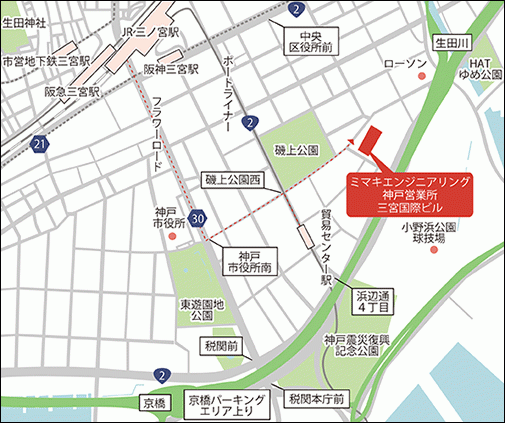 ミマキエンジニアリング神戸営業所の地図（徒歩の場合）