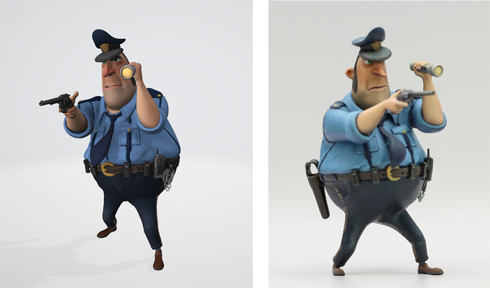 図４．アニメキャラクターの3Dモデル（左：3DCGモデル、右：3Dプリントモデル）
