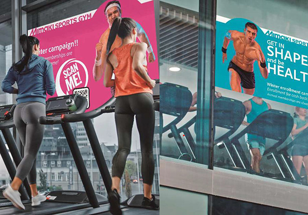 図５ 多層印刷の活用例（5層印刷）　一枚のサインで室内外異なる訴求が可能