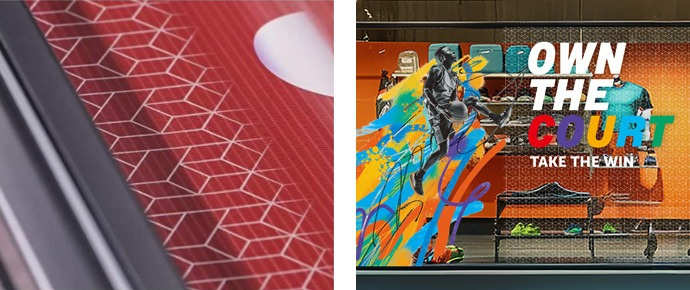 図２ 薄手フィルムの搬送の様子（左）・ウィンドウグラフィックの用途（右）