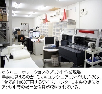 The printing workplace of HOTARU CO.,LTD. On the right side of the picture is Mimaki's UJF-706 ― the wide format UV printer which price is about 10 million yen. In the shelf, on the center of the picture, several acrylic jigs are stored.:acms_unit_delimit