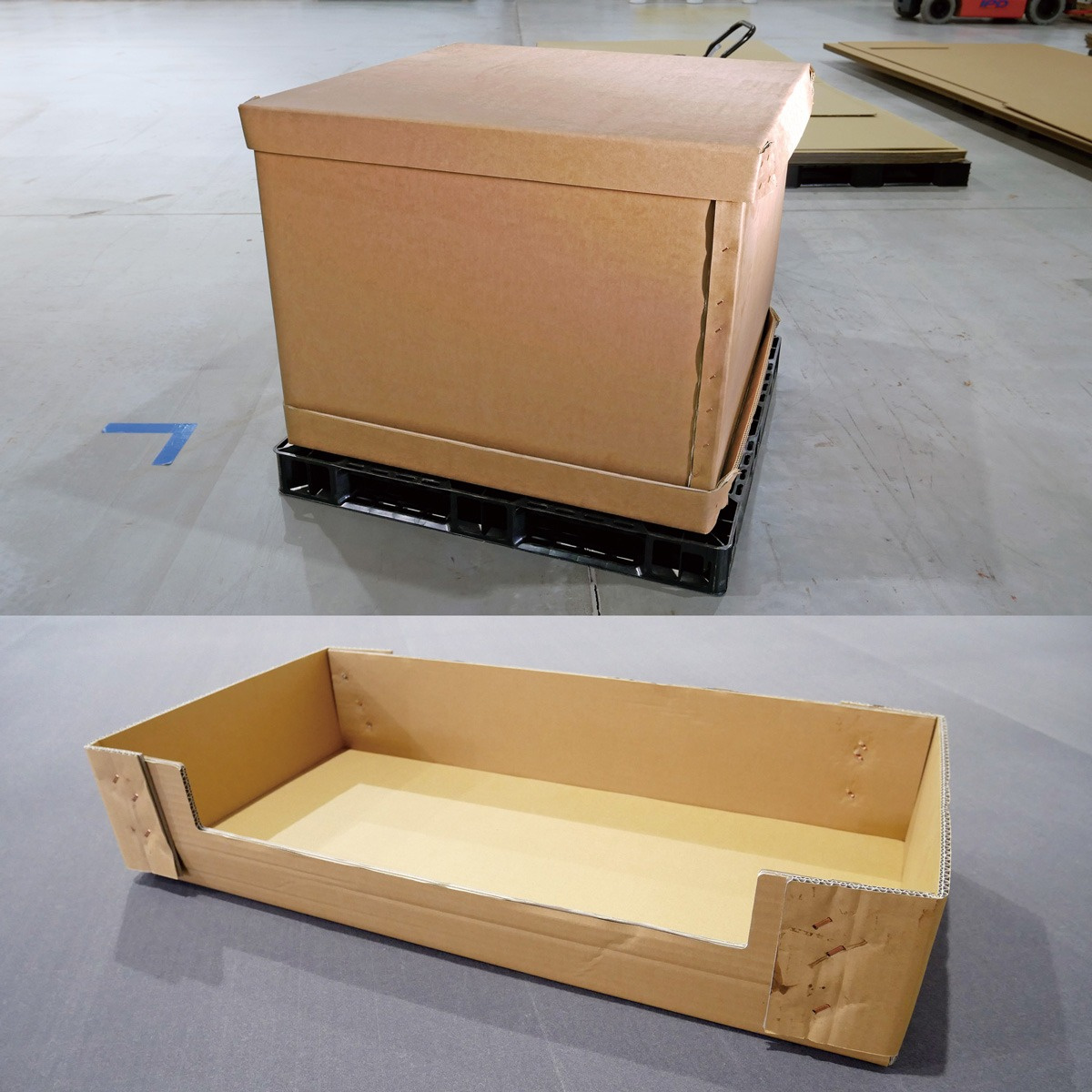 強化段ボール梱包（上）と同トレー（下）。CFX の導入によって、荷物ごとに最適化した加工を実現し、無駄なコストを徹底的に削減している