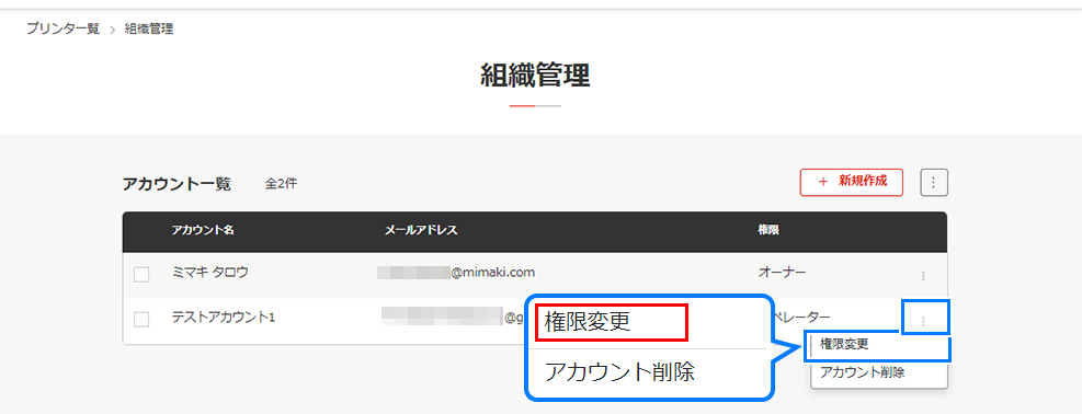 アカウント権限変更画面